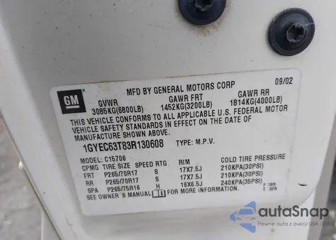 2003 Cadillac Escalade Standard from USA, damaged, VIN 1GYEC63T83R130608